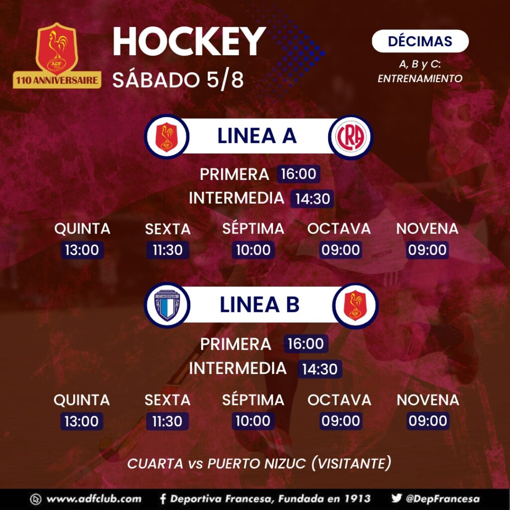 Horarios Hockey sábado 5/8/23