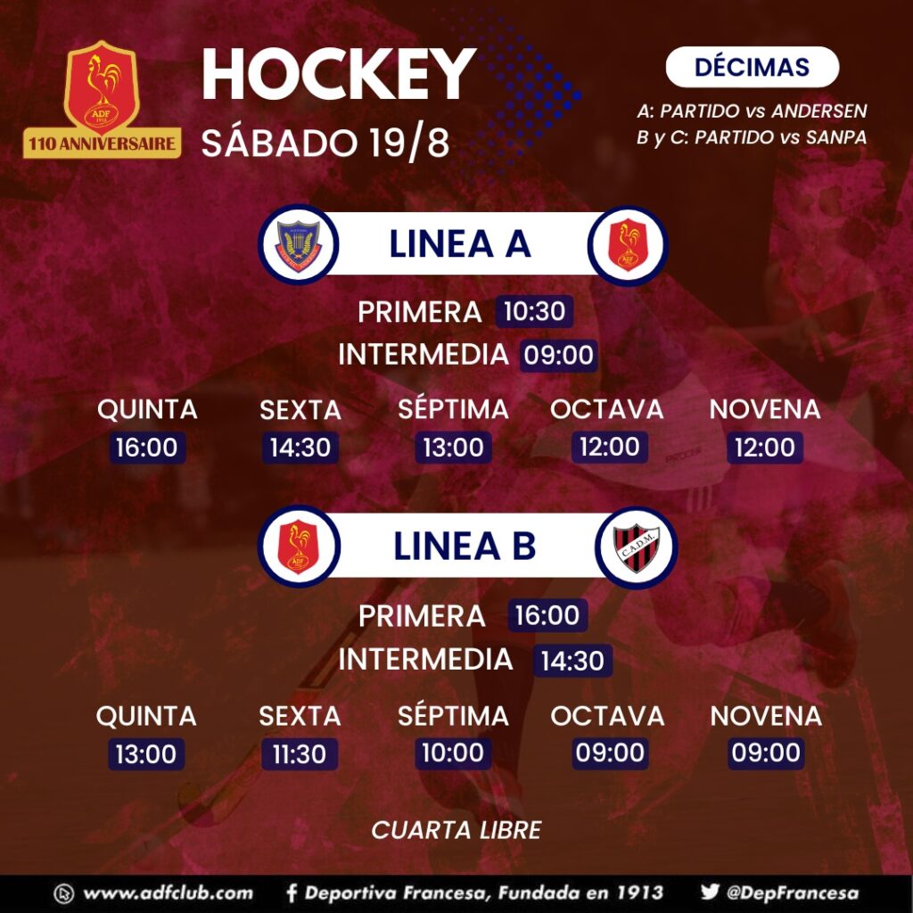 Hockey horarios sábado 19/08/23