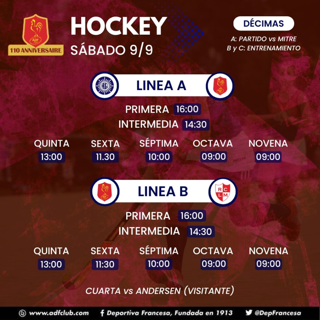 Horarios Hockey sábado 09/09/23